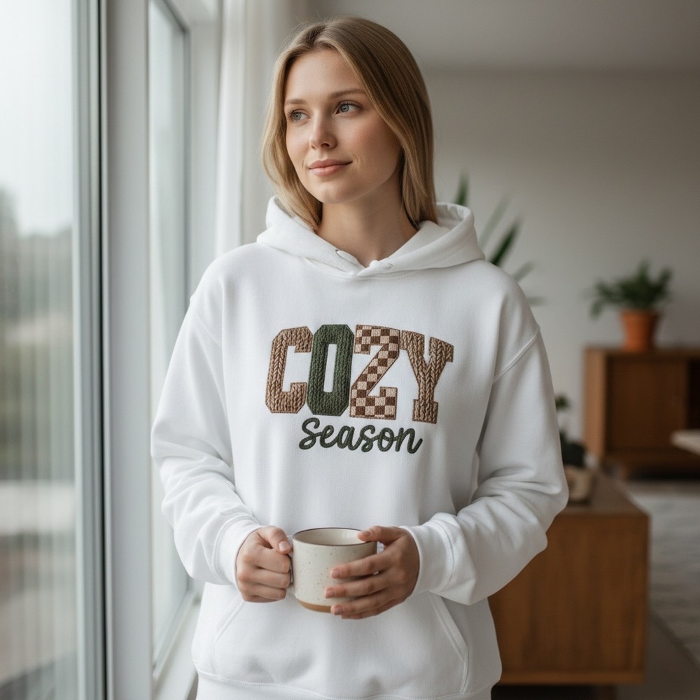 Cozy Season Graphic Hoodie – White | Fall & Winter Pullover Sweatshirt